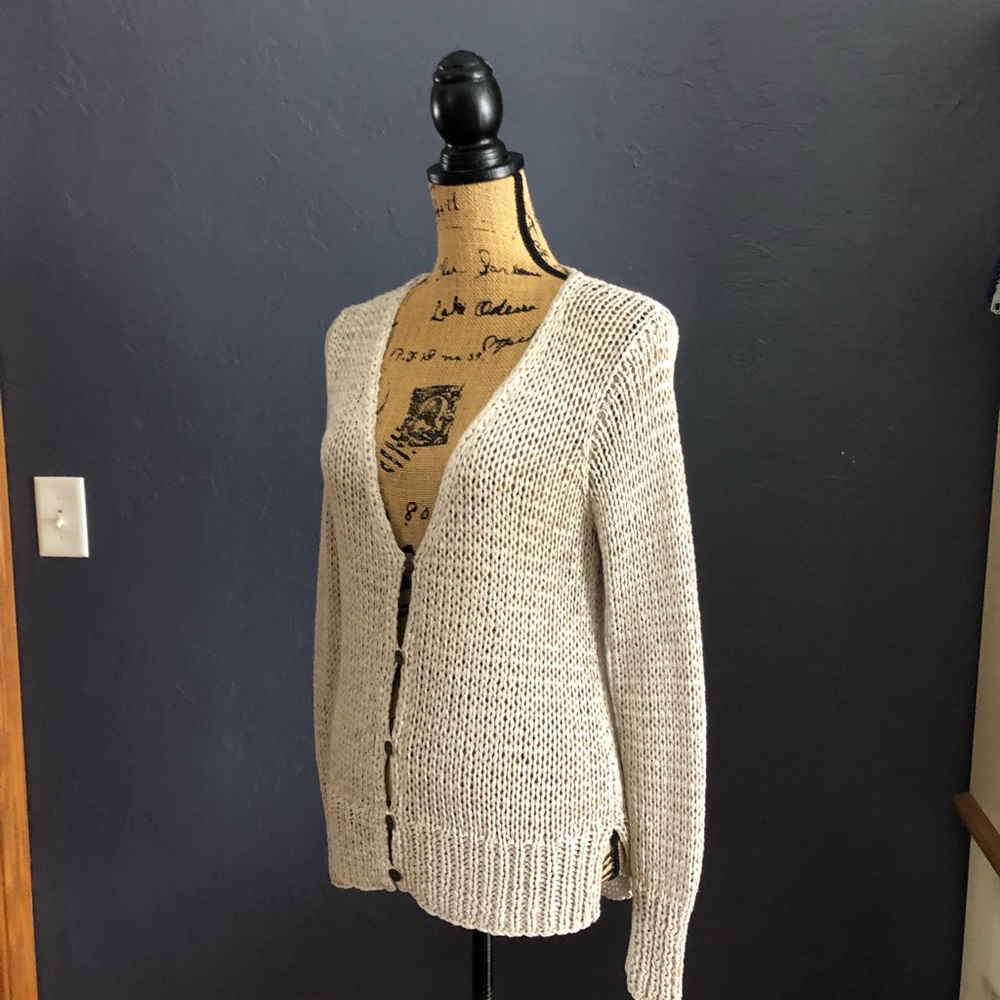 Eileen Fisher Silver/taupe button up knit sweater. Sz S